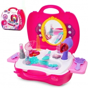 Toylelo Kids Pretend Play Beauty Salon Fashion Makeup kit and Cosmetic & Jewellery Toy Set with hairdryer, Mirror & Hair Styling 21 pcs Accessories with a Beauty Suitcase for Little Girls (Pink)