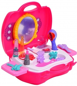 Toylelo Kids Pretend Play Beauty Salon Fashion Makeup kit and Cosmetic & Jewellery Toy Set with hairdryer, Mirror & Hair Styling 21 pcs Accessories with a Beauty Suitcase for Little Girls (Pink)