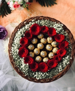 Bamboo Basket Flower Bouquet with Ferrero Rocher Chocolate